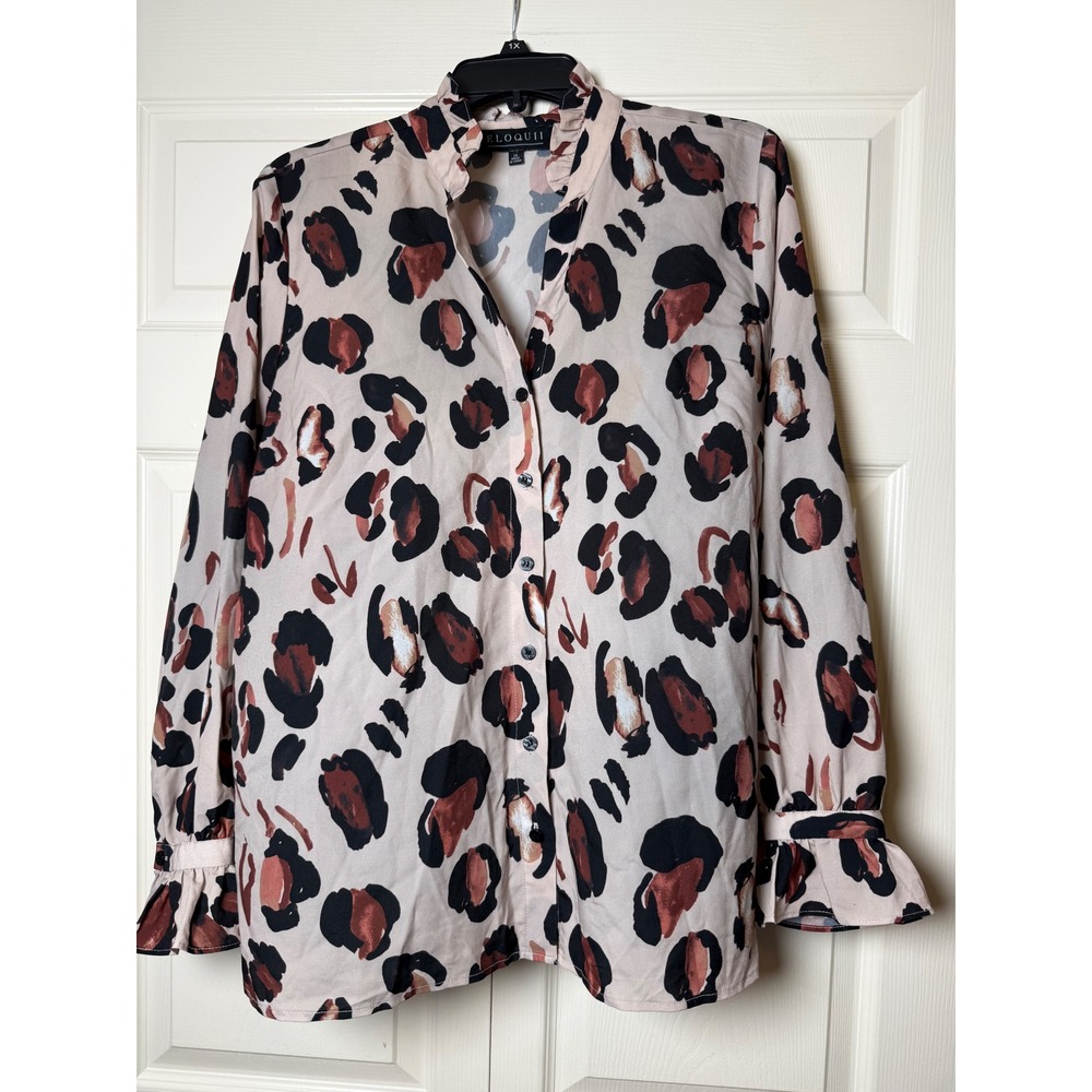 ELOQUII Leoaprd Printed Button‎ Down Shirt With Ruffle Neck